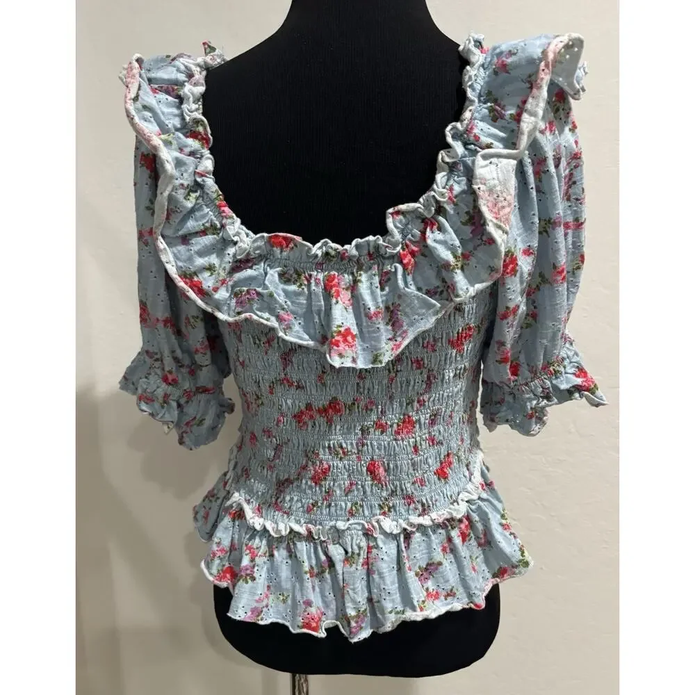 Free People Favorite Girl Ruffle Top Cottage Core Floral Smocked Boho Medium